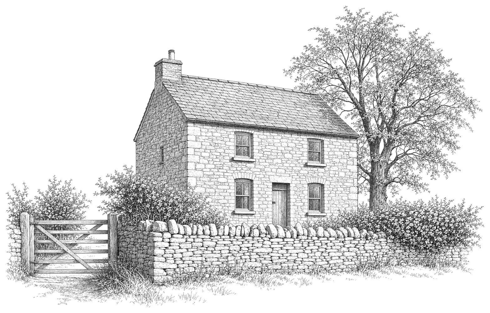 Pen and ink drawing of the farmhouse at Summerhill, with a five bar gate, drystone wall and hawthorn hedge.