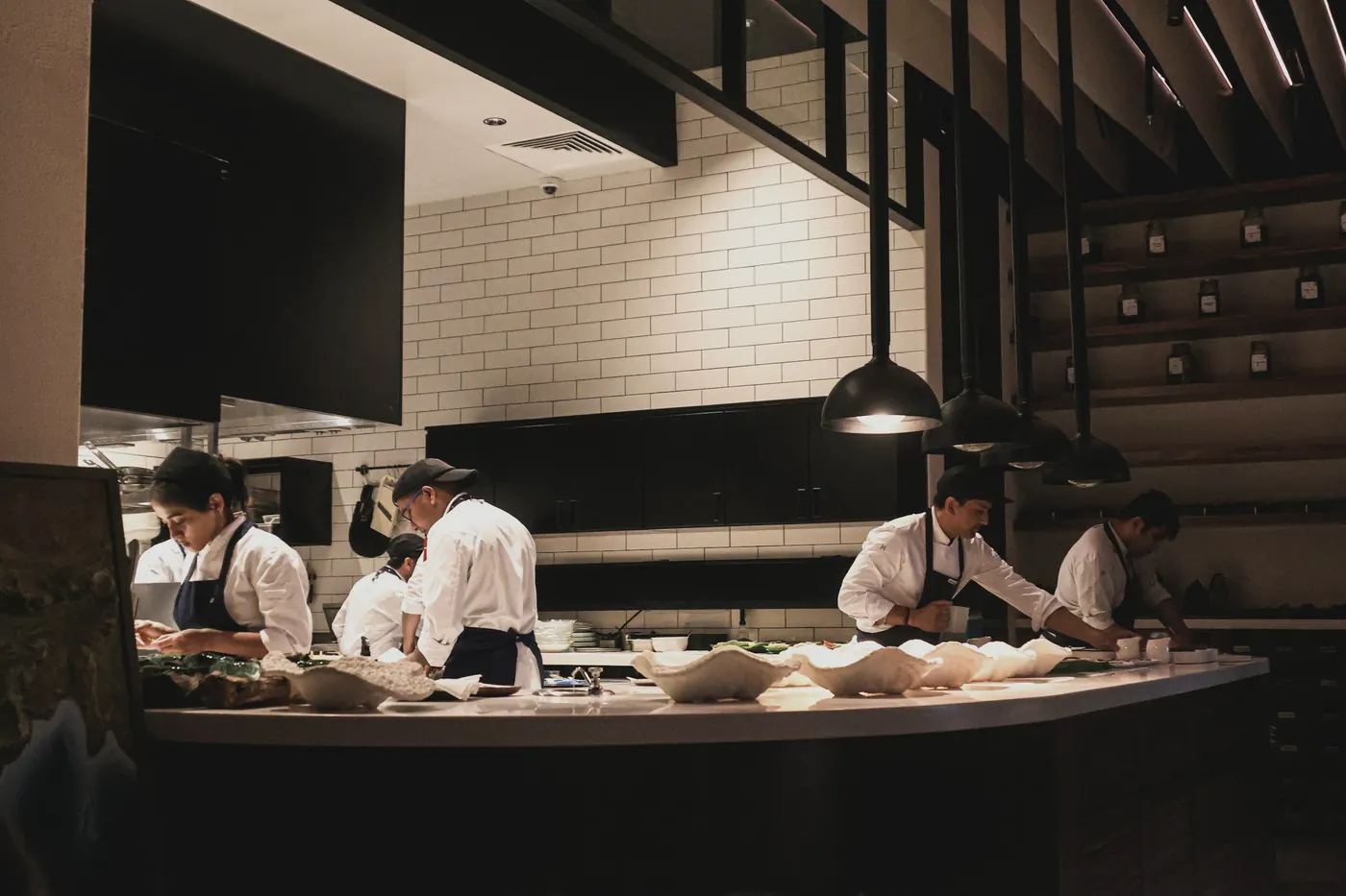An open restaurant kitchen during service
